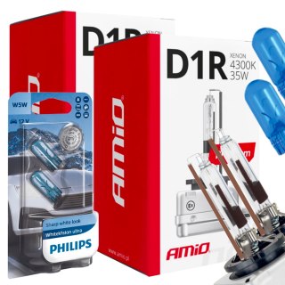 ŻARNIKI AMIO D1R 4300K PREMIUM + ŻARÓWKI PHILIPS W5W WHITEVISION ULTRA