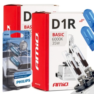ŻARNIKI AMIO D1R 6000K BASIC + ŻARÓWKI PHILIPS W5W WHITEVISION ULTRA