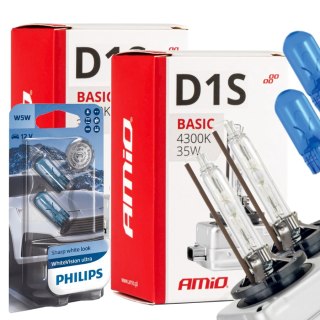 ŻARNIKI AMIO D1S 4300K BASIC + ŻARÓWKI PHILIPS W5W WHITEVISION ULTRA