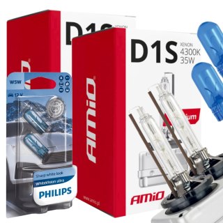 ŻARNIKI AMIO D1S 4300K PREMIUM + ŻARÓWKI PHILIPS W5W WHITEVISION ULTRA