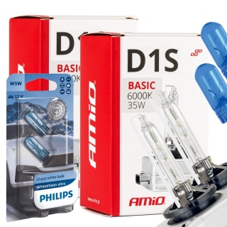 ŻARNIKI AMIO D1S 6000K BASIC + ŻARÓWKI PHILIPS W5W WHITEVISION ULTRA