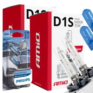 ŻARNIKI AMIO D1S 6000K PREMIUM + ŻARÓWKI PHILIPS W5W WHITEVISION ULTRA
