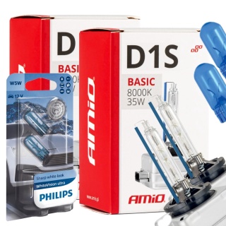 ŻARNIKI AMIO D1S 8000K BASIC + ŻARÓWKI PHILIPS W5W WHITEVISION ULTRA