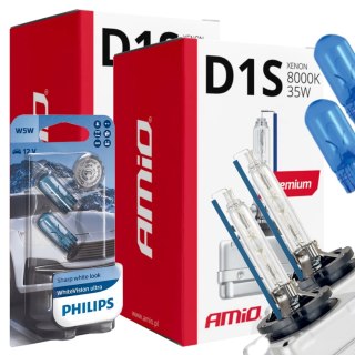ŻARNIKI AMIO D1S 8000K PREMIUM + ŻARÓWKI PHILIPS W5W WHITEVISION ULTRA