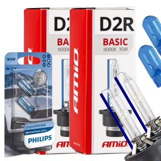 ŻARNIKI AMIO D2R 8000K BASIC + ŻARÓWKI PHILIPS W5W WHITEVISION ULTRA