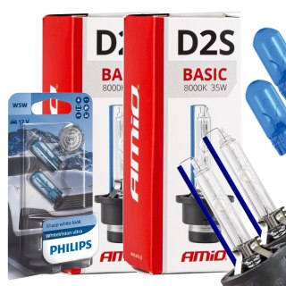 ŻARNIKI AMIO D2S 8000K BASIC + ŻARÓWKI PHILIPS W5W WHITEVISION ULTRA
