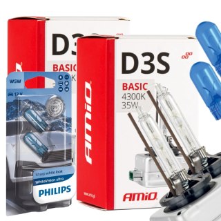 ŻARNIKI AMIO D3S 4300K BASIC + ŻARÓWKI PHILIPS W5W WHITEVISION ULTRA