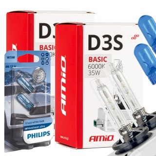 ŻARNIKI AMIO D3S 6000K BASIC + ŻARÓWKI PHILIPS W5W WHITEVISION ULTRA