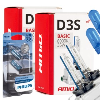 ŻARNIKI AMIO D3S 8000K BASIC + ŻARÓWKI PHILIPS W5W WHITEVISION ULTRA