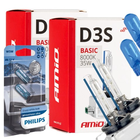 ŻARNIKI AMIO D3S 8000K BASIC + ŻARÓWKI PHILIPS W5W WHITEVISION ULTRA ŻARNIKI AMIO D3S 8000K BASIC + ŻARÓWKI PHILIPS W5W WHITEVISION ULTRA