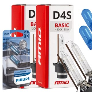 ŻARNIKI AMIO D4S 4300K BASIC + ŻARÓWKI PHILIPS W5W WHITEVISION ULTRA