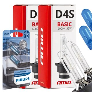 ŻARNIKI AMIO D4S 6000K BASIC + ŻARÓWKI PHILIPS W5W WHITEVISION ULTRA