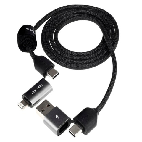 WAYME KABEL DO ŁADOWANIA I SYNCHRONIZACJI, W OPLOCIE Z MIKROFIBRY, 100 CM (4W1) USB / C > USB-C / LIGHTNING, MAX 60W