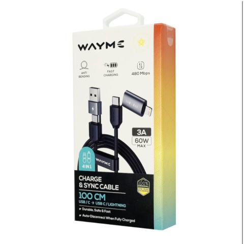 WAYME KABEL DO ŁADOWANIA I SYNCHRONIZACJI, W OPLOCIE Z MIKROFIBRY, 100 CM (4W1) USB / C > USB-C / LIGHTNING, MAX 60W