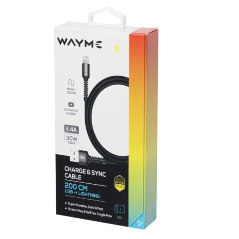 WAYME KABEL DO ŁADOWANIA I SYNCHRONIZACJI, W OPLOCIE Z MIKROFIBRY, 200 CM, USB > LIGHTNING
