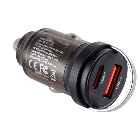 WAYME ŁADOWARKA 12/24V, USB 18W + USB-C PD 33W, Z PIERŚCIENIEM, PRZEZROCZYSTA CZARNA