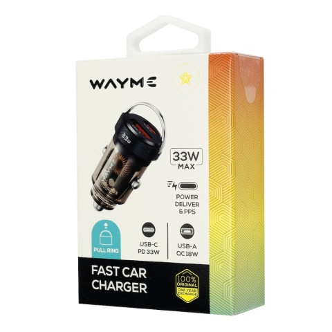 WAYME ŁADOWARKA 12/24V, USB 18W + USB-C PD 33W, Z PIERŚCIENIEM, PRZEZROCZYSTA CZARNA