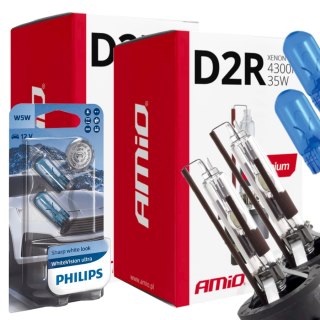 ŻARNIKI AMIO D2R 6000K PREMIUM + ŻARÓWKI PHILIPS W5W WHITEVISION ULTRA