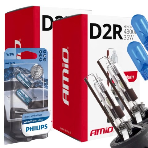 ŻARNIKI AMIO D2R 6000K PREMIUM + ŻARÓWKI PHILIPS W5W WHITEVISION ULTRA ŻARNIKI AMIO D2R 6000K PREMIUM + ŻARÓWKI PHILIPS W5W WHITEVISION ULTRA