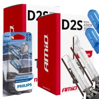 ŻARNIKI AMIO D2S 4300K PREMIUM + ŻARÓWKI PHILIPS W5W WHITEVISION ULTRA