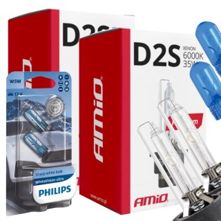 ŻARNIKI AMIO D2S 6000K PREMIUM + ŻARÓWKI PHILIPS W5W WHITEVISION ULTRA