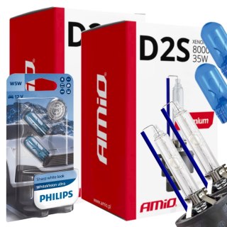 ŻARNIKI AMIO D2S 8000K PREMIUM + ŻARÓWKI PHILIPS W5W WHITEVISION ULTRA