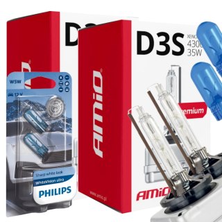 ŻARNIKI AMIO D3S 4300K PREMIUM + ŻARÓWKI PHILIPS W5W WHITEVISION ULTRA