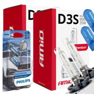 ŻARNIKI AMIO D3S 6000K PREMIUM + ŻARÓWKI PHILIPS W5W WHITEVISION ULTRA